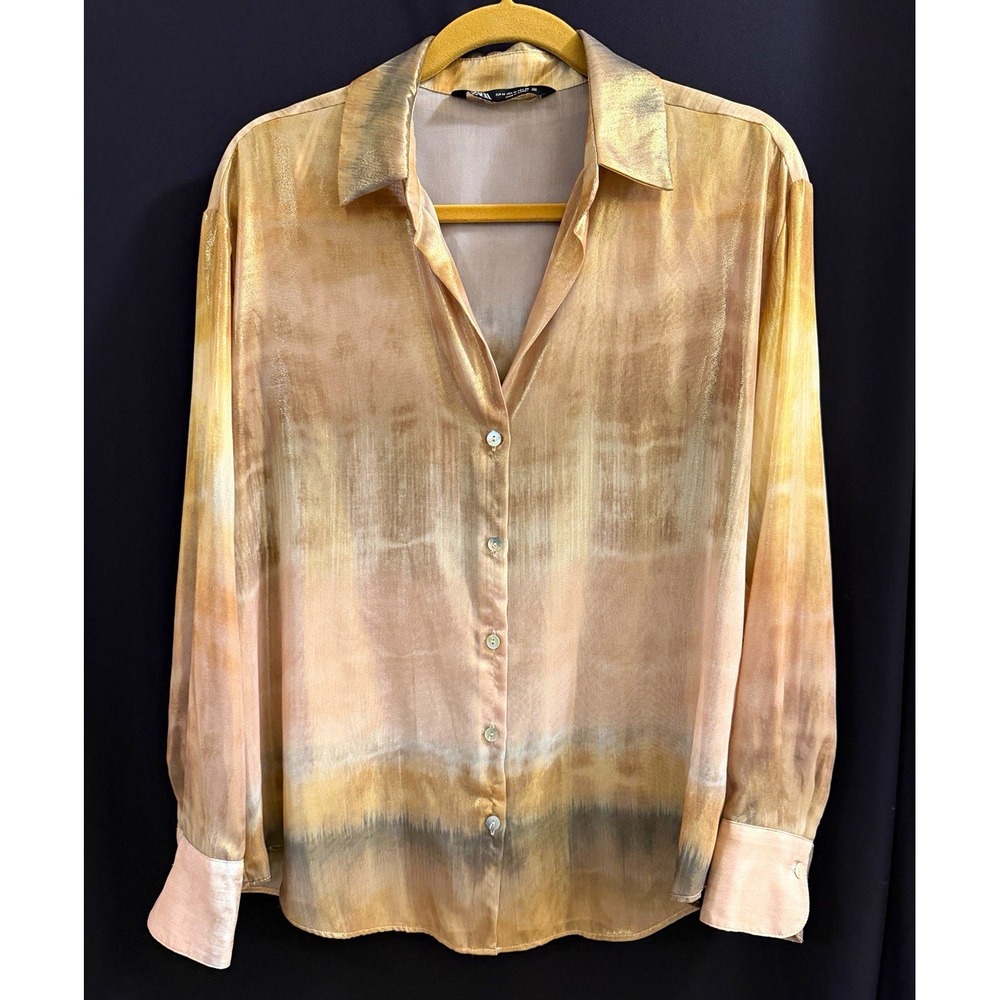 Zara Women's Blouse M Beige Brown Gray Abstract Collared Long Sleeve Satin